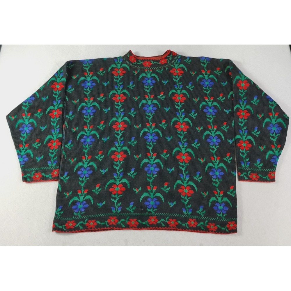 Vintage Justin Allen XTRA Sweater Womens Medium Black Floral Grannycore Retro